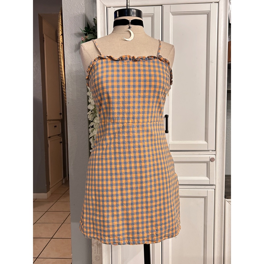 Gingham Mini Dress‎ Ruffle Open Back Cotton MEDIUM Coastal Cowgirl Summer